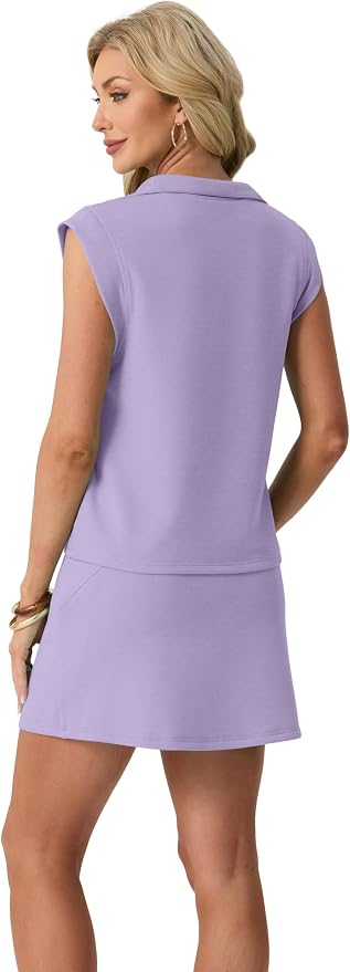 GRECERELLE Women's 2026 Summer 2 Piece Skort Sets Cap Sleeve Zip Collared Top Matching Tennis Skirt with Pockets for Athletic