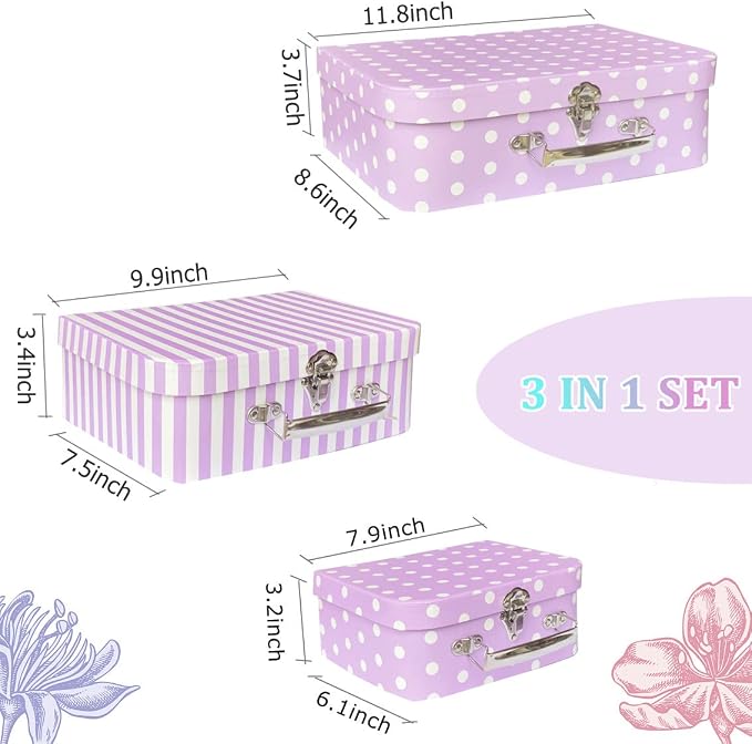 Paperboard Suitcases Set of 3, Cute Storage Box Nesting Gift Boxes with Lids for Christmas New Year, Wedding Birthday Party Home Decor, Mini Suitcase Favor Box (Purple Dots and Strips)