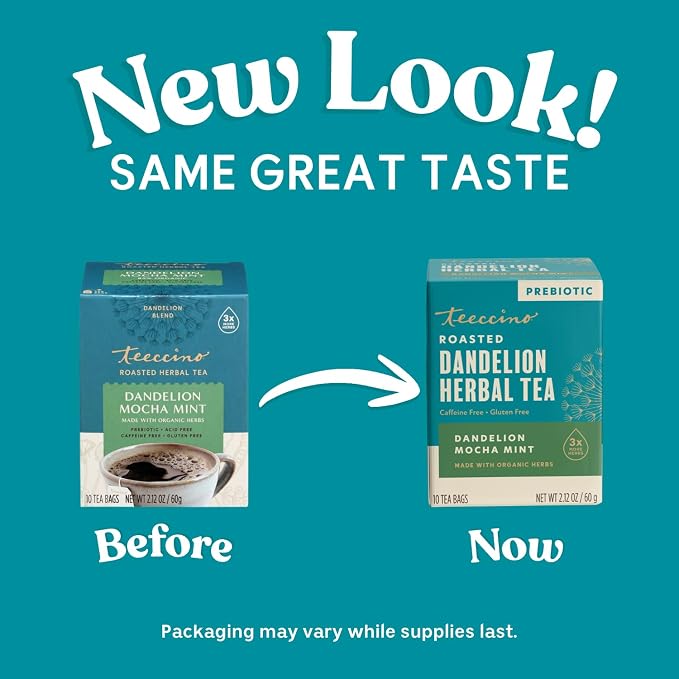 Teeccino Dandelion Mocha Mint Tea - Caffeine Free, Roasted Herbal Tea with Prebiotics, 3x More Herbs than Regular Tea Bags, Gluten Free - 10 Tea Bags