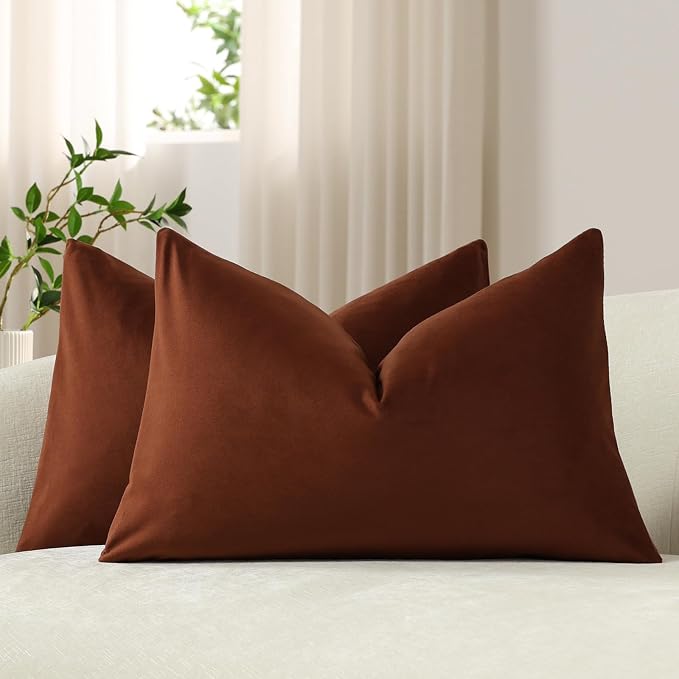 Lumbar Pillow Covers 12x20 Reddish Brown: Pack of 2 Cozy Soft Velvet Rectangular Modern Luxury Decorative Throw Pillow Cases for Sofa Couch Living Room Bed Home Decor
