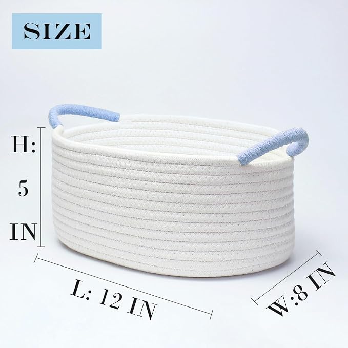 Yimi's Dream White and Blue Cotton Rope Gift Basket with Handle, 12 x 8 in | Small Cute Shelf Baskets for Baby Shower, Baby Boy Gifts, Easter, Birthdays, Wedding, Nursery, Shelves, and Home Decor