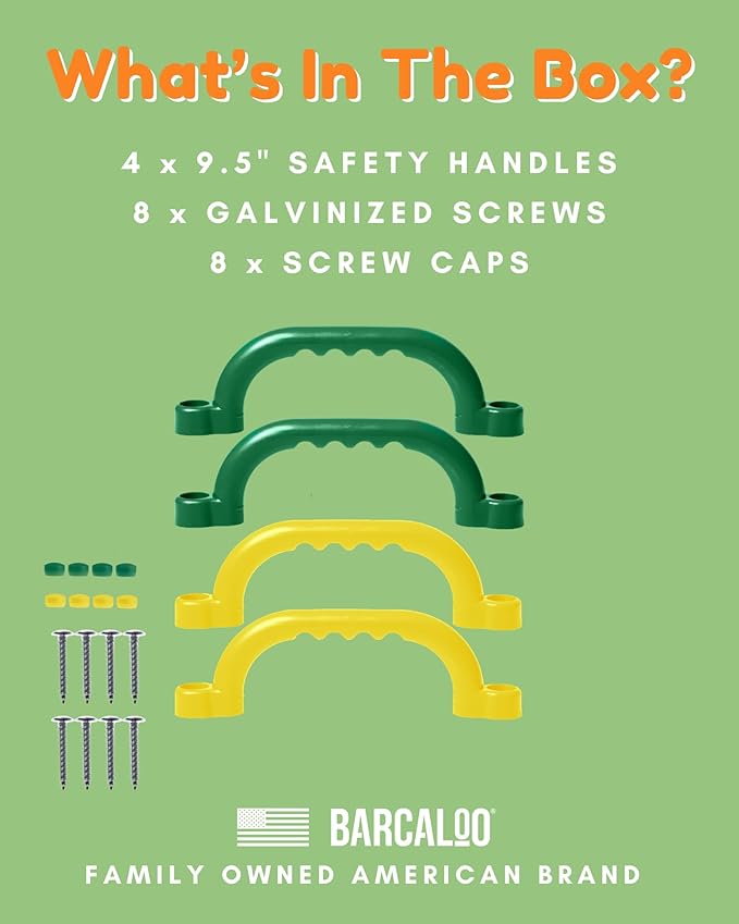 Playground Outdoor Safety Handle Accessories 4 Pack Color Combo Set – Set of 2 Green & 2 Yellow Grab Handle Safety Bars Equipment for Kids Jungle Gym, Tree House, Monkey Bars, and More