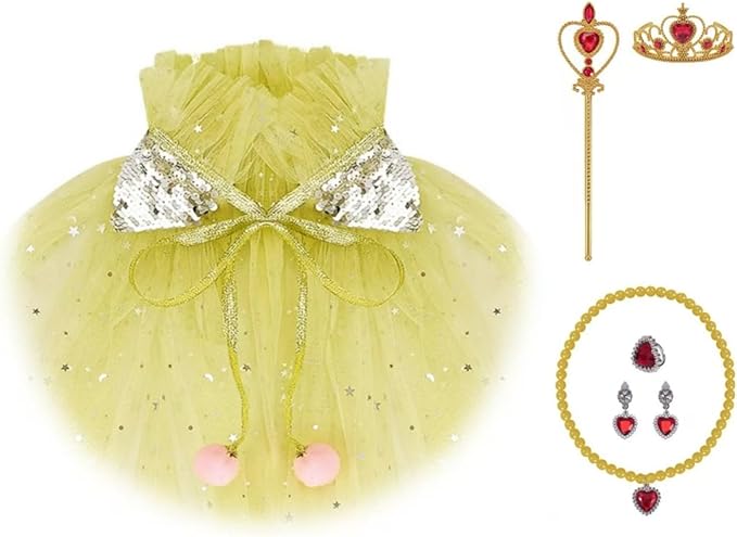 Princess Dress Up Clothes, 7pcs Princess Cape Crown with Wand for Girls 3-8 Years Toddler Princess Dress Up for Birthday Gift