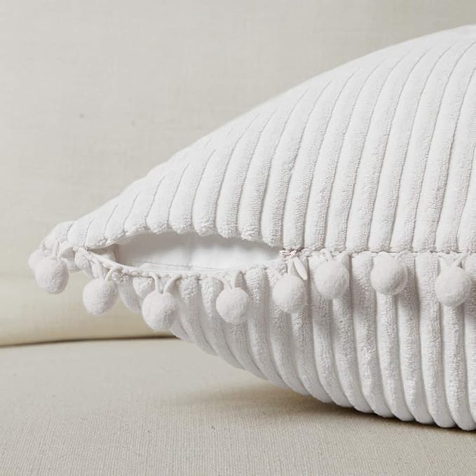Fancy Homi Pack of 2 Pure White 20 x20 Inch Decorative Throw Pillow Covers with Pom-poms, Soft Corduroy Solid Square Cushion Cases Set for Couch Living Room Bedroom Sofa Car