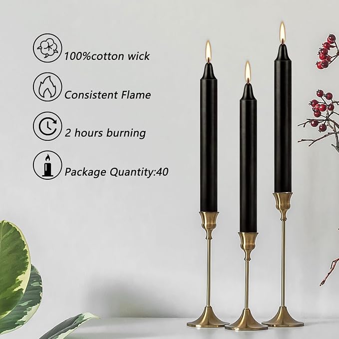 Black Taper Candles, 4 Inch, Unscented, 100% Cotton Wick, 2-Hour Burn Time, for Halloween, Rituals, Meditation, Altar, 40 Pack