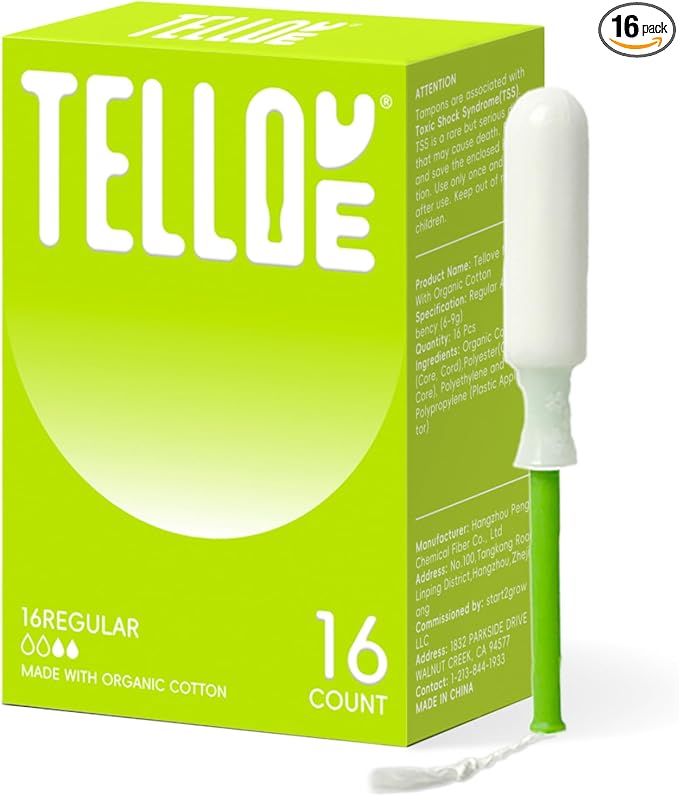 Tellove Tampons with 100% Organic Cotton Core, 16 Count (16 Regular Tampons), Featuring 360° Comfort-Expand Leakproof Technology with Comfort BPA-Free Long Applicator, Gentle on Sensitive Skin