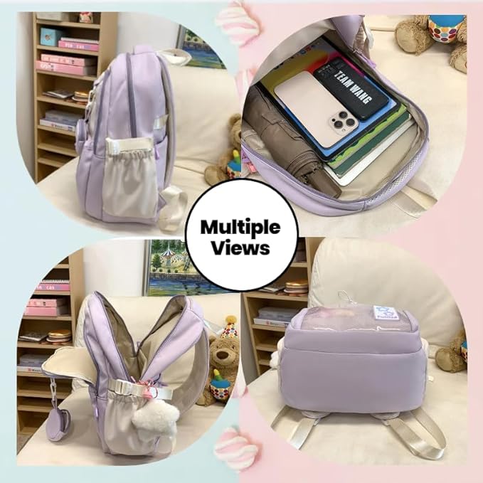 Kawaii Backpack Double Shoulder Bag with Cute Star Removable Pouch Clear Pocket Large Capacity Dopamine Colors Daypack (Clear Purple)