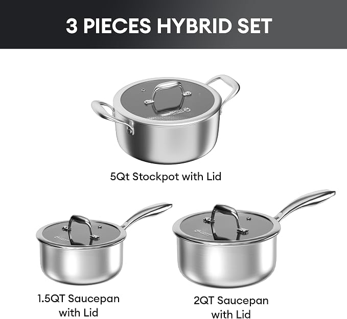 COOKER KING Hybrid Stainless Steel Pot Set, 1.5 & 2 & 5QT Pots with Lids | 6PCS, Non Stick, Non Toxic, Stay-Cool Handles, Induction Compatible, Oven and Dishwasher Safe