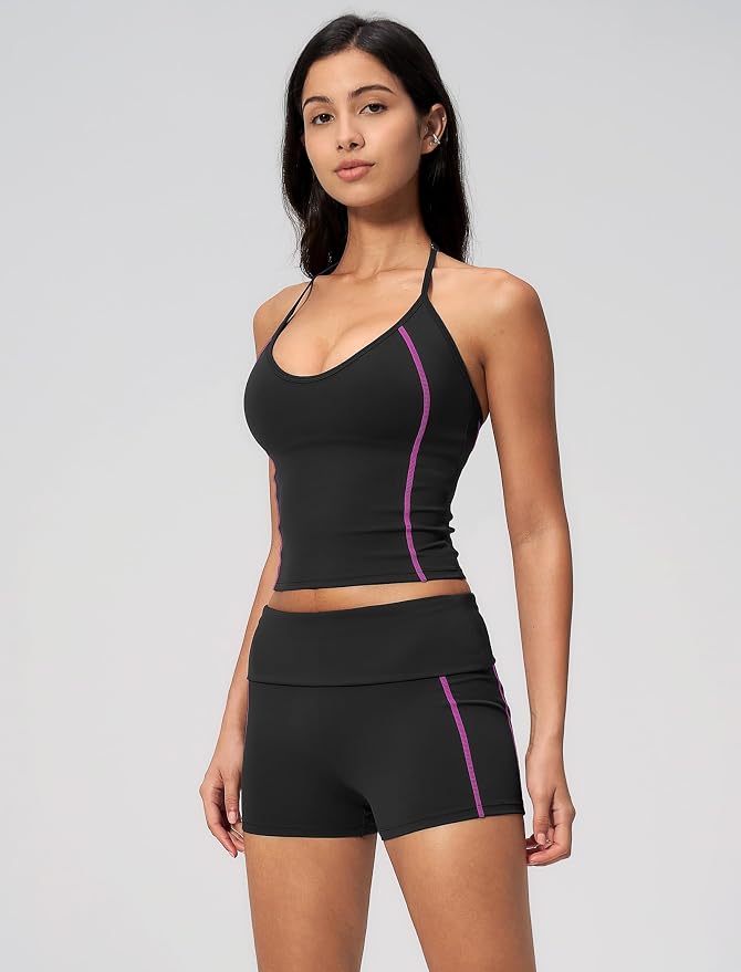 QBGJTD Women 2 Piece Workout Set Color Block Open Back Halter Top and High Waist Booty Lifting Shorts Yoga Outfit