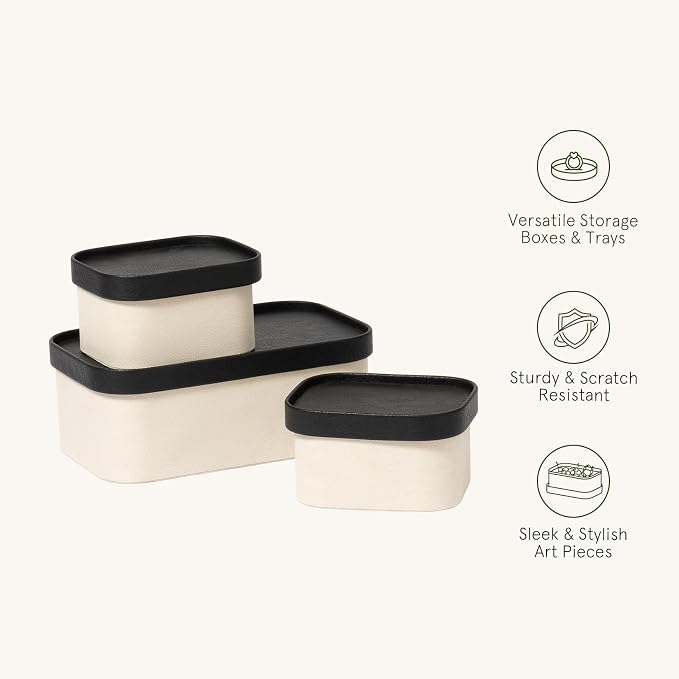 LA JOLIE MUSE Decorative Storage Boxes with Lids, Black & Beige 3 Pack | Vegan Leather Lids, Fabric Covered Storage Basket for Home, Organizer for Jewelry, Shelves, Bedroom & Closet Memory Box