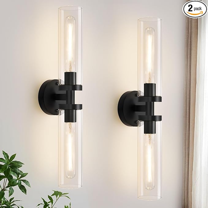 Wall Sconces Set of Two, Hardwired Matte Black Bathroom Sconces Wall Lighting with Clear Glass, Modern Sconces Wall Decor Set of 2 Bathroom Light Fixtures for Mirror Hallway (Bulbs Not Included)