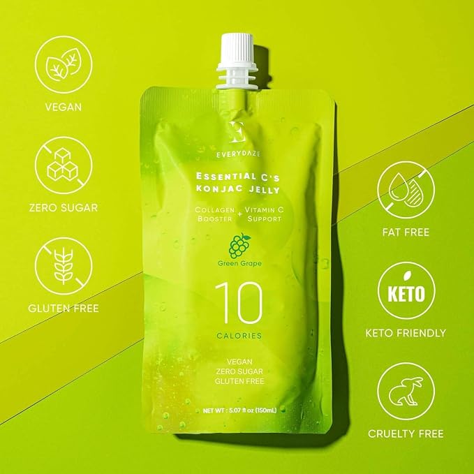 EVERYDAZE Essential C’s Konjac Jelly | Green Grape | Plant-Based Collagen Booster | Gluten Free, Sugar Free, Low Calorie | Healthy Drinkable Fruit Snack | 10 Pack Box Food Drink Pouch