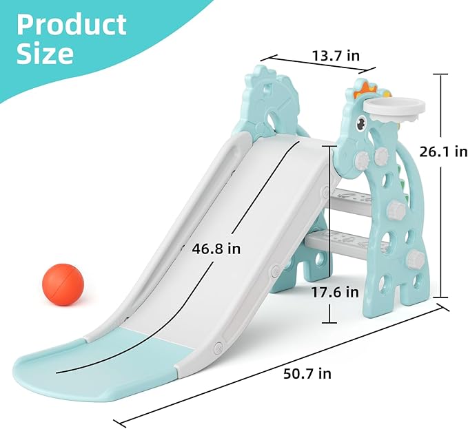 GLAF Toddler Slide Baby Kids Indoor Slide for Toddlers 1-3 Indoor Outdoor Playset with Basketball Hoop and Ball Kids Backyard Climber Set (Mint)