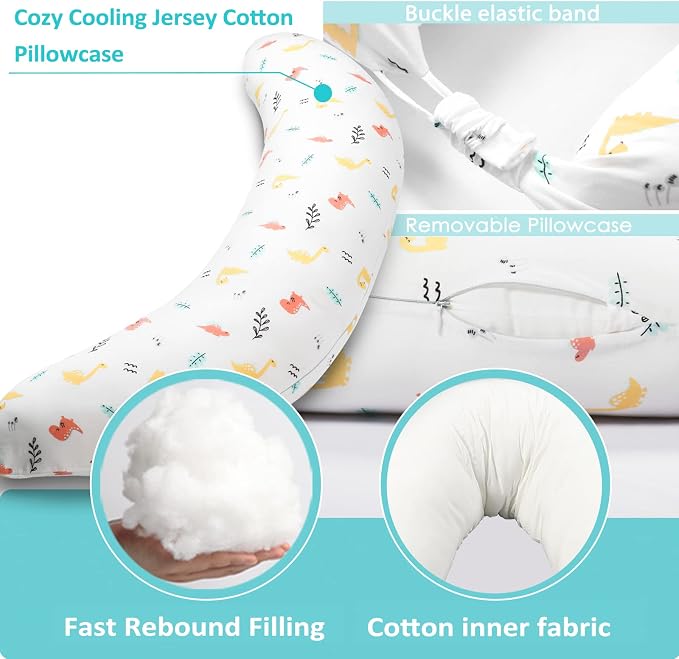 BYRIVER C Shaped Pregnancy Pillow with Cover, Knee Pillow for Side Sleeper Knees Legs Hips Pain, Leg Pillow Elevation for Lower Back Pain, Versatile Small Body Pillow for Sleeping(Dino)