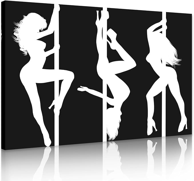 Yeesjoee Modern Sexy Pole Dancer Canvas Wall Art, Black White Silhouette Abstract Woman Dance Dynamic Painting, Strength & Elegance Prints Pictures Decor for Living Room Bedroom Gym, 24x36 in Framed