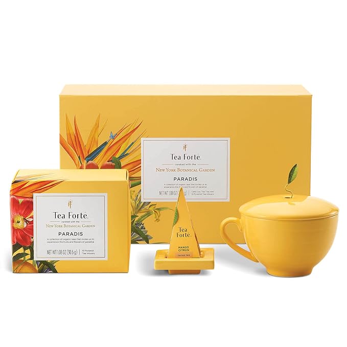 Tea Forte Gift Set with Cafe Cup, Tea Tray, Mini Presentation Box with 10 Handcrafted Pyramid Infuser Tea Bags, Paradis Tea