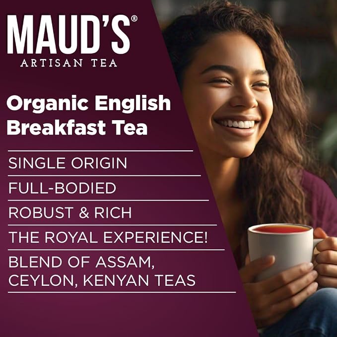 Maud's Organic English Breakfast Black Tea Pods, 24 ct, Single Serve Pods – 100% Gourmet Blended Tea Leaves, Compatible with Keurig K Cups Maker