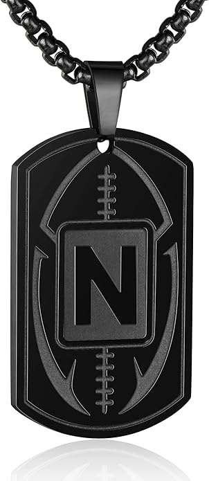 Initial A-Z Dog Tag Necklace for Men - Football Charm Pendant, Stainless Steel Chain 22+2 Inches, Personalized Sports Athletes Jewelry Gift
