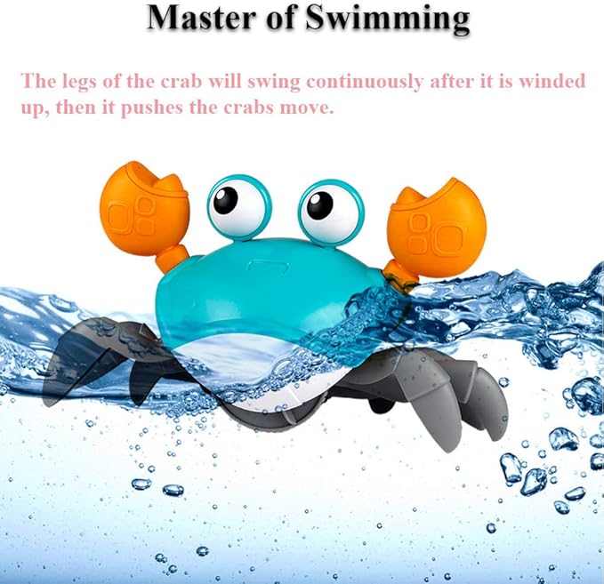 Amphibious Bath Toy for Kids, Funny Windup Crabs Swimming Floating Toy Clockwork Beach Toy Push & Pull Crab Sand Toy with Leash (Blue)