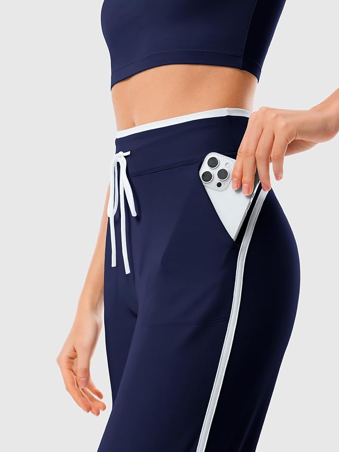Women's Wide Leg Yoga Pants with Side Stripe, High Waisted Color Block String Lounge Pants, Workout Flowy Track Pants with Pockets
