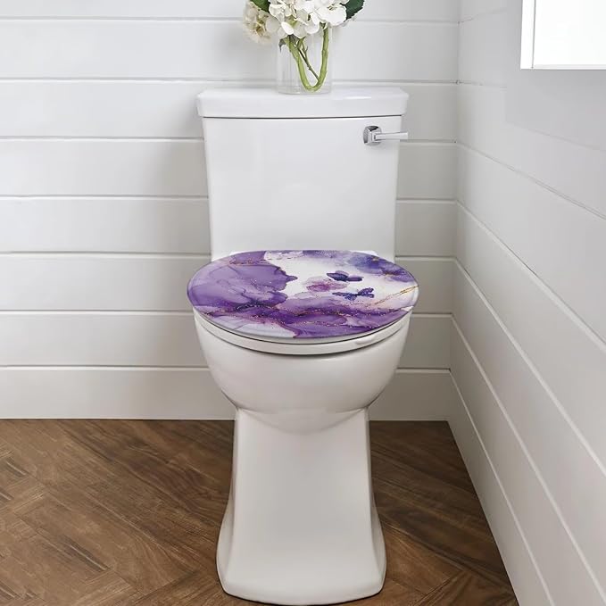 Purple Marble Toilet Seat Lid Covers for Bathroom Butterfly Toilet Bowl Cover Lid with Elastic Universal Fit Elongated Oval Round Lid Bottom Soft Bathroom Replacement