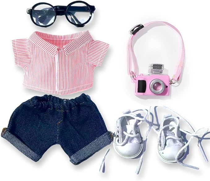 5 Set 17cm Doll Clothes -Clothes for Dolls Outfit - Accessories for 17cm Dolls Clothes +Light Pink Heart-Shaped Velvet hat + Small Camera + Glasses + Canvas Shoes, No Doll Included (Style Z)