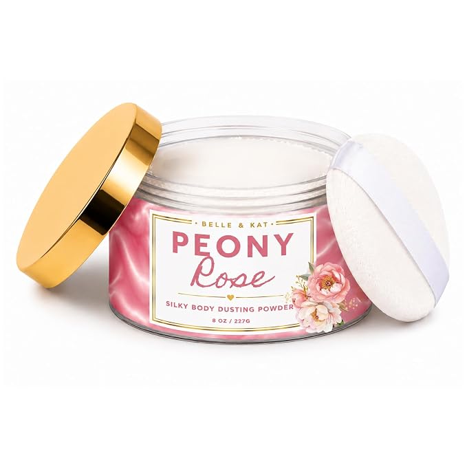 Body Powder for Men & Women Scented Peony & Rose, Bath Perfume Dusting Powder with Fragrance & Essential Oils, Talc Free 8oz Large Container with Puff, Made in USA