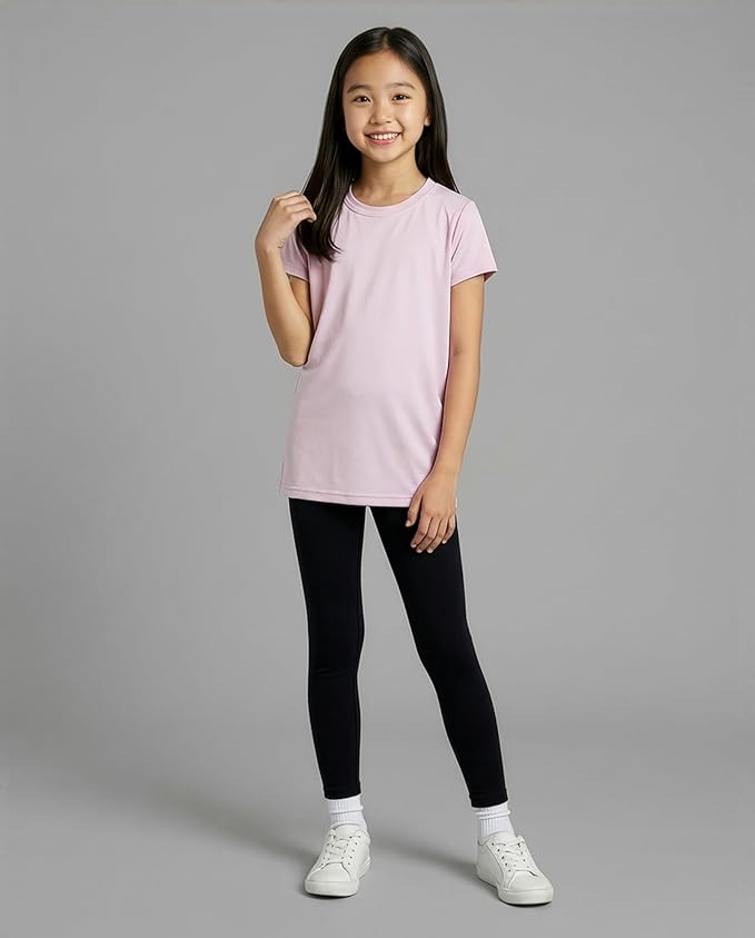 Real Essentials 5 Pack: Girls' Short Sleeve Dry-Fit Athletic T-Shirt - Active Gym Crew Neck Tops for Teens Kids (Ages 4-16)