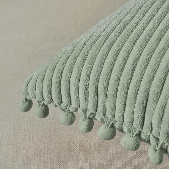 Fancy Homi Pack of 2 Sage Green Decorative Throw Pillow Covers with Pom-poms, Soft Corduroy Solid Square Cushion Cases Set for Couch Sofa Bedroom Car Living Room (18x18 Inch/45x45 cm, Sage Green)