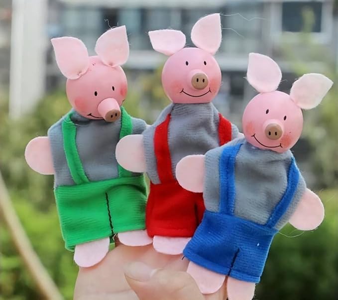 3 Little Pigs & Big Bad Wolf Finger Puppets, 4Pcs Educational Storytelling Finger Puppets Toy for Kids, Preschool & Party Favors