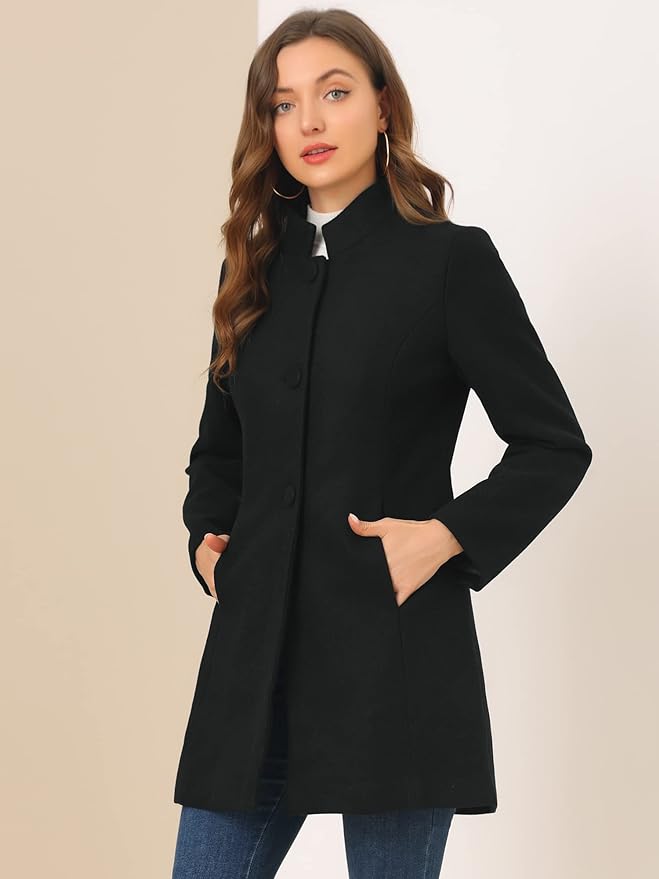 Allegra K Women's Winter Overcoat Mid-Long Stand Collar Single Breasted Coat Outerwear