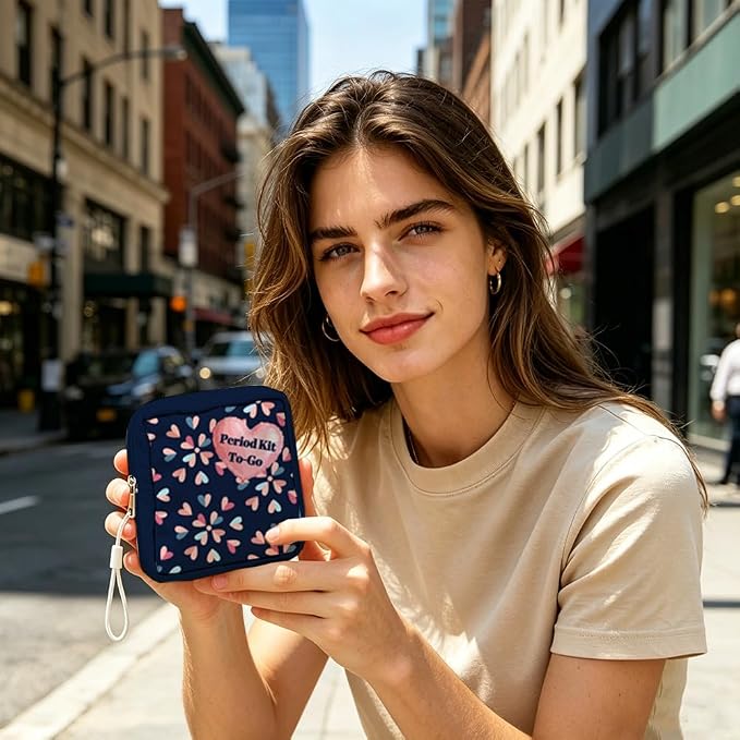 Period Bag Pouch 5.12 x 5.12 x 1.57 Inch Sanitary Napkin Storage Bag with Zipper Heart Portable Reusable Waterproof Polyester Menstrual Pad Pouch First Period Gifts for Women Daily Use