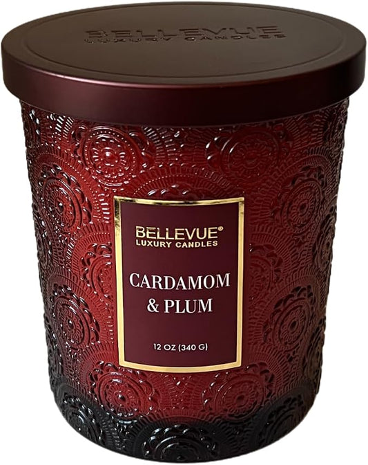 Bellevue Luxury Candles, 12 OZ Soy Blend Candle, Embossed Glass, Fragrances formulated with Essential Oils, Home Fragrances, Scented Candles Gift Set ǀ Scent: Cardamom & Plum