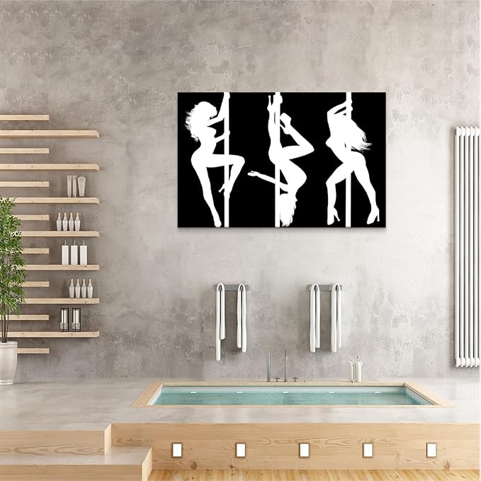 Yeesjoee Modern Sexy Pole Dancer Canvas Wall Art, Black White Silhouette Abstract Woman Dance Dynamic Painting, Strength & Elegance Prints Pictures Decor for Living Room Bedroom Gym, 24x36 in Framed