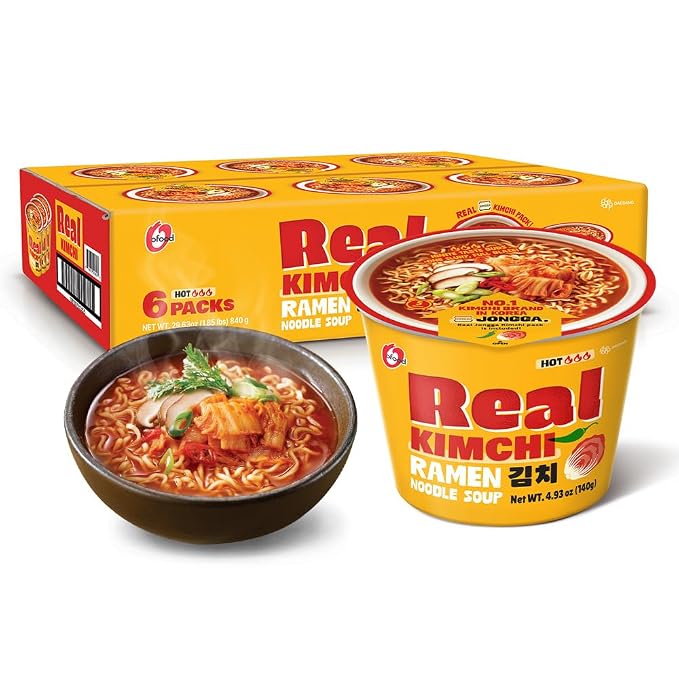 Premium X-LARGE Cup Noodles Real Kimchi Ramen [ORIGINAL KIMCHI | 4.9 oz | 6 CUPS per Pack] – Healthy, Bold & Tangy | Korean Spicy Noodle Soup | non-GMO ingredients | No Trans Fat | Easy to Cook Meal or Snack - O’food