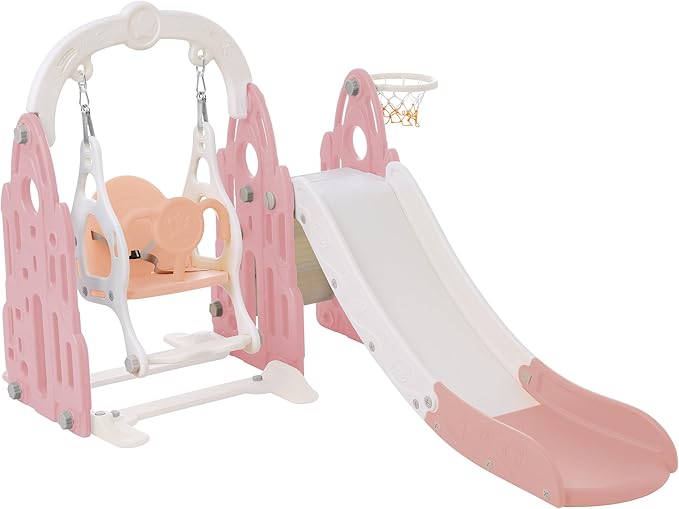 4 in 1 Toddler Slide Swing Set Freestanding Slide Climber Playset with Basketball Hoop Indoor Outdoor Playground Equipment for Kids Gifts Pink+White