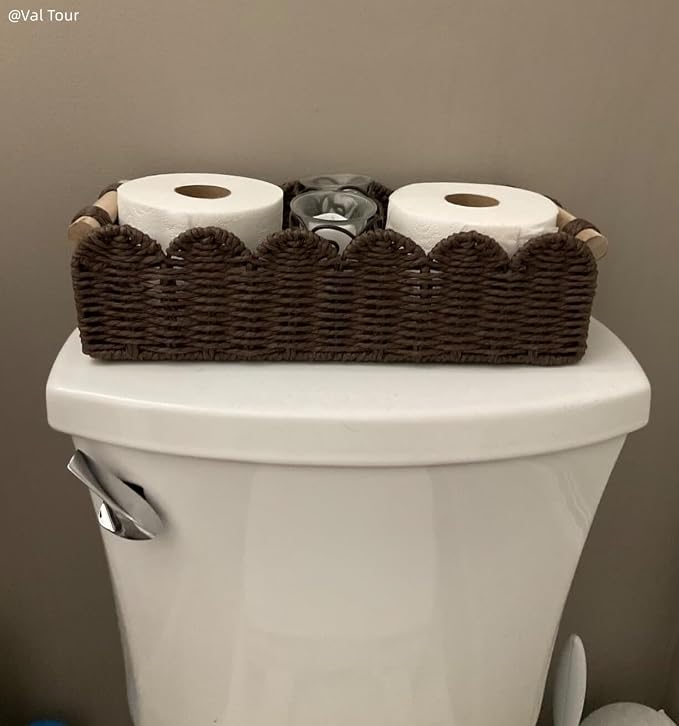 CubesLand Scalloped Toilet Paper Storage Basket W/Handle for Home Decor | Paper Rope Toilet Organizer Basket for Countertop, Over Toilet Shelf, End Table, Living Room Cozy Decorative & More, Brown