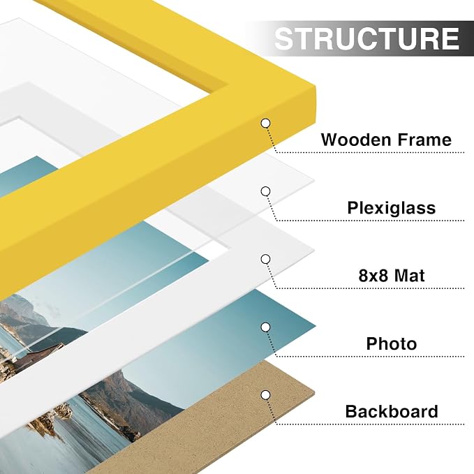 Vittanly 12x12 Picture Frames Set of 9 for Wall Mounting, Yellow | Display Pictures 8x8 with Mat or 12x12 without Mat for Wall Mounting, Square Photo Frames for Home Decor, Engineered Wood