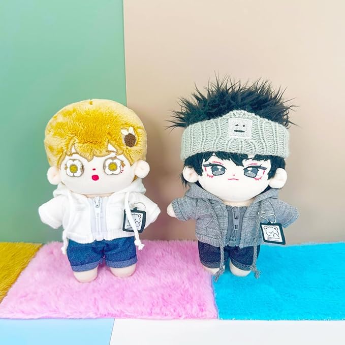 niannyyhouse 10cm-15cm Plush Doll Clothes Headband Coat Jeans Compatible with 17cm Labubu Doll (White+Black)