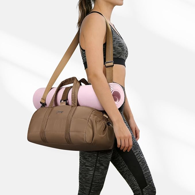 20L Gym Bag for Women, Medium Sport Duffel Bag with Yoga Mat Strap,Wet Pocket, Water-Resistant Adjustable Strap for Gym Yoga, Brown