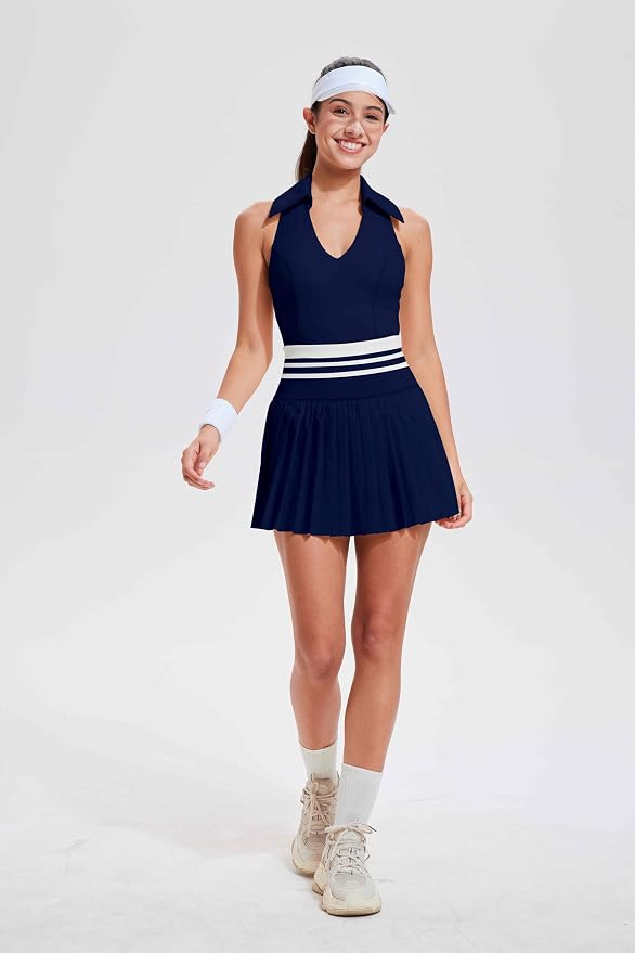 Women 2 Piece Tennis Skirt Set Polo Golf Outfits Racerback Tank Top Pleated Skort with Pockets Summer Workout Athletic Dress