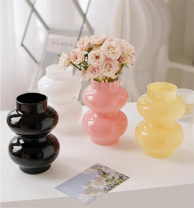 JSPYFITS Glass Hydroponic Flower Vase, Double Balls Colored Glass Bubble Vase for Flower, 7 Inches Glassvase Funky Vase for Home/Office/Weddings/Party Table Flower Décor (Milky Yellow)