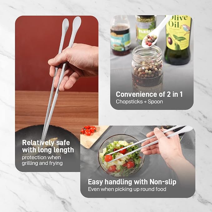 Reusable Long Silicone Cooking Chopsticks with Spoon 12 Inches 2 Pairs Set, Dishwasher Safe, BPA-free Non-Slip, Non-Scratch, Korean Japanese Kitchen Utensils (Pastel Grey 2 Set)