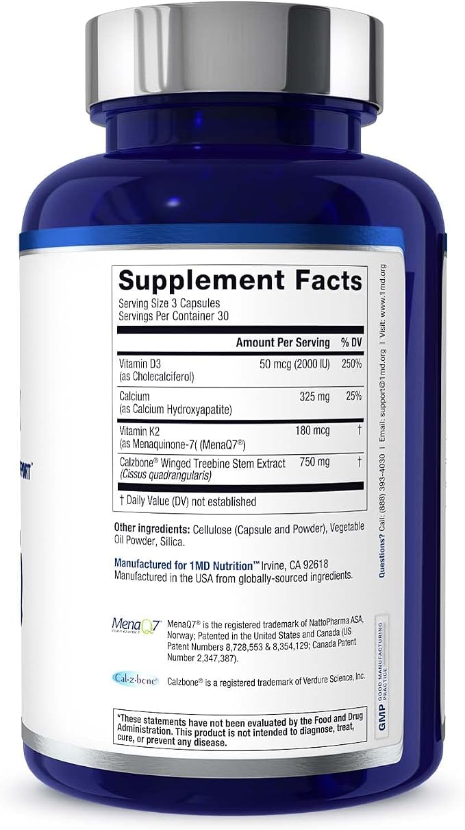 1MD Nutrition OsteoMD for Comprehensive Bone Support | with Calcium Hydroxyapatite, Vitamin D3 & K2 | 180 Capsules (2-Pack)