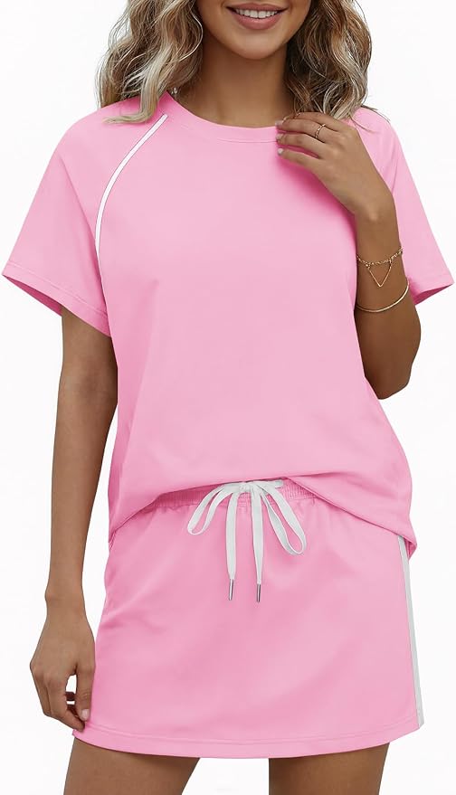 Womens 2 Piece Skirt Sets Summer Tennis Outfits Vacation Skort Set | Two Piece Sets, Short Set, Athletic Workout Golf Outfits, Crew Neck, Color Block, Drawstring, Workout Mathcing Lounge Sets