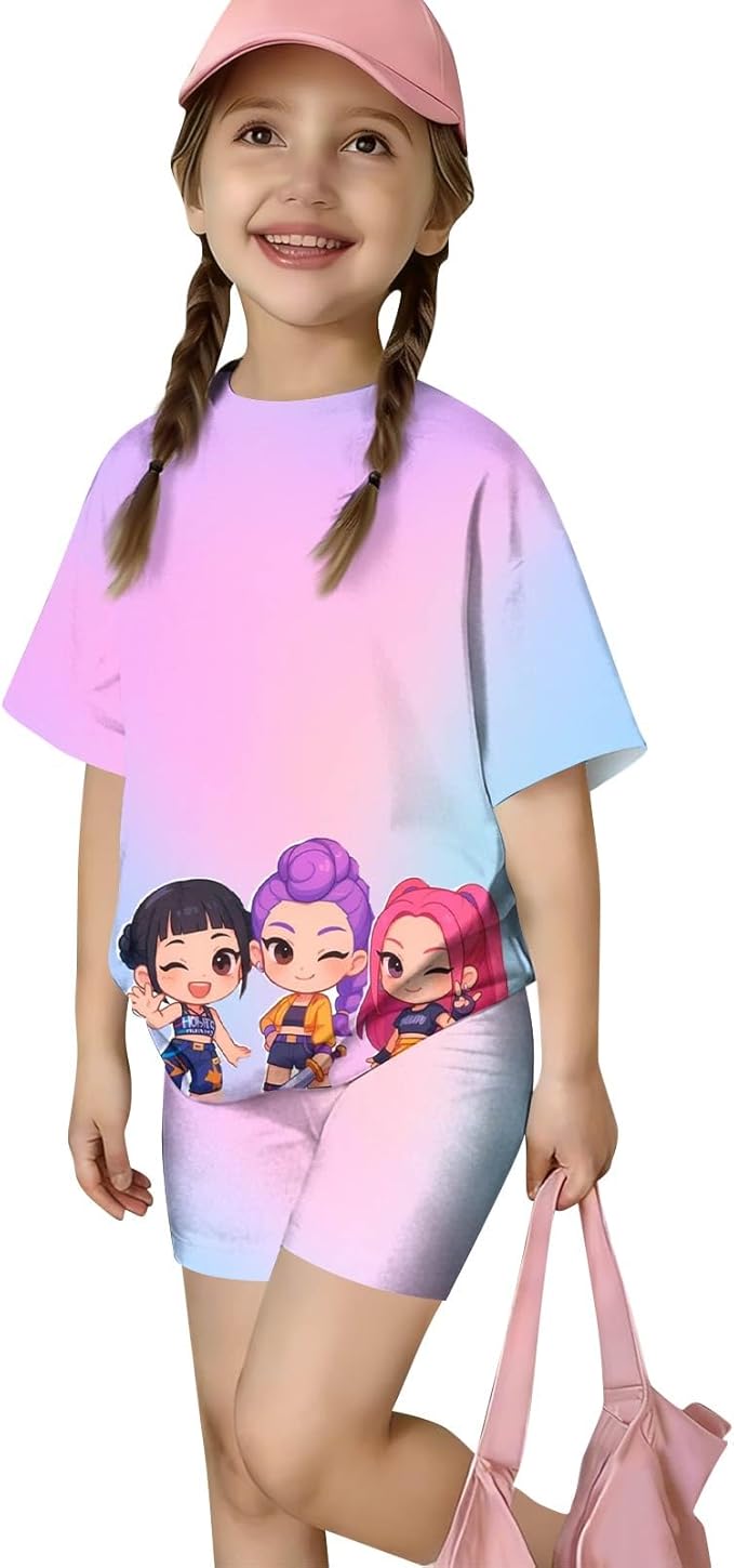 K-POP DEM0N Hunters Outfits for Girls, 2 Piece T-Shirts and Apparel Sets Birthday Gift