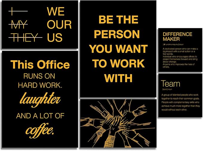YEOION Motivational Office Wall Art,Inspirational Teamwork Wall Art for Office,Black and Yellow Positive Teamwork Wall Decor for Workplace Set of 6