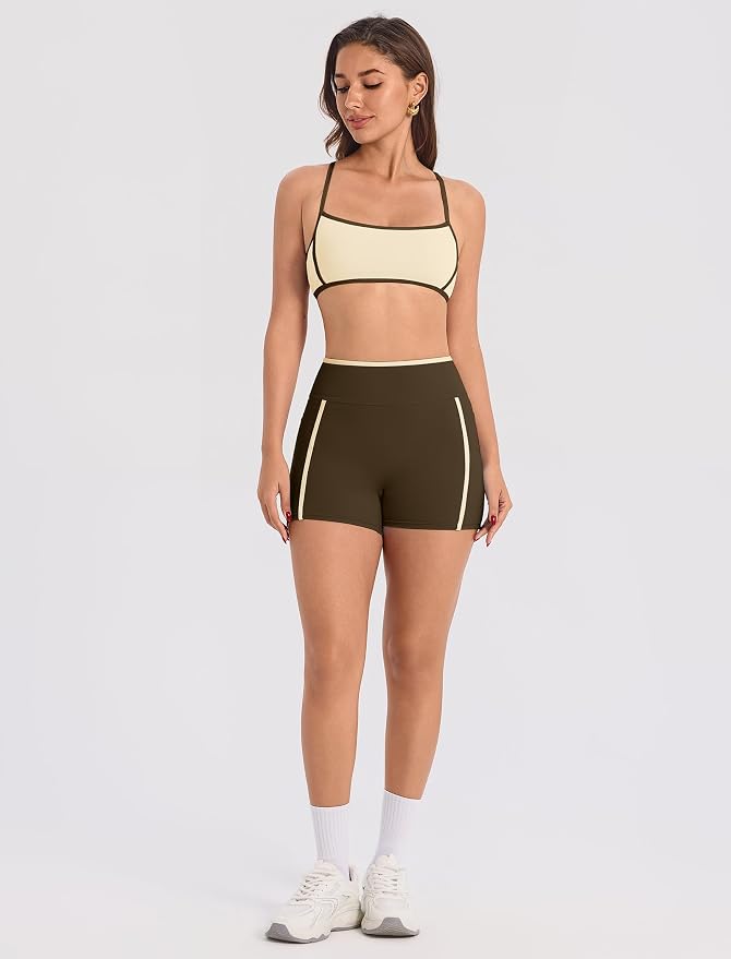 ABOCIW Workout Sets for Women 2 Piece Color Block Strappy Sports Bra High Waist Shorts Gym Yoga Pilates Outfits