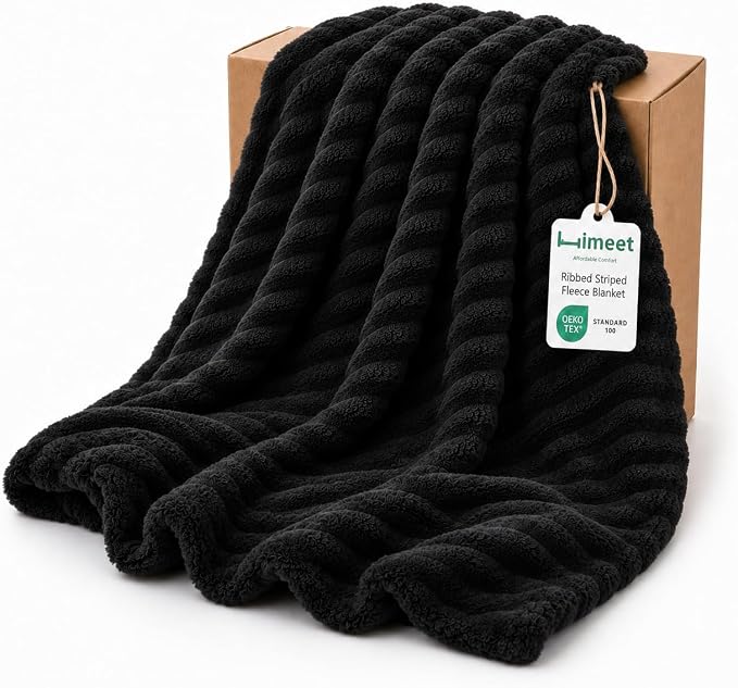 HIMEET Black Throw Blanket for Couch, 300GSM Ribbed Fleece, 50 x 60 Inches | Ultra Soft Flannel, All-Season Lightweight Warmth, Home Room Decor & Dorm Essential, Gift for Men & Women, Machine Washable