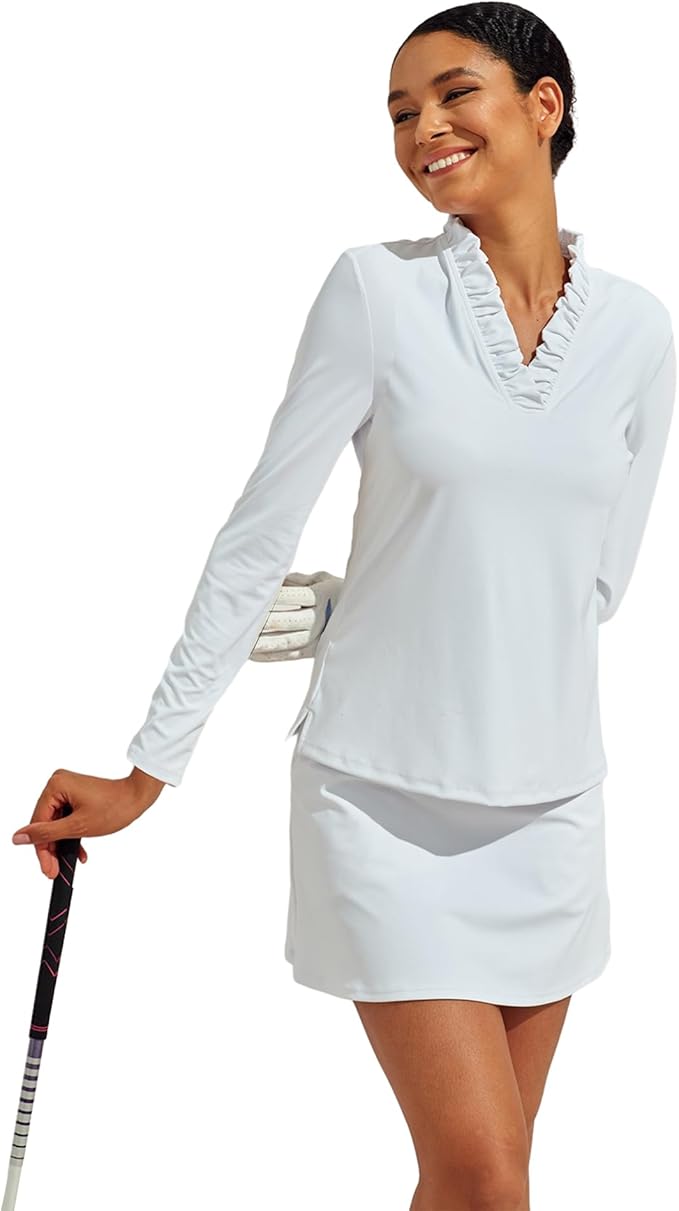 ACEGOLFS Womens Golf Polo Shirts Casual Ruffle V Neck Long Sleeve Tops for Women UPF 50+ Rash Guard Ladies Pullover Shirt
